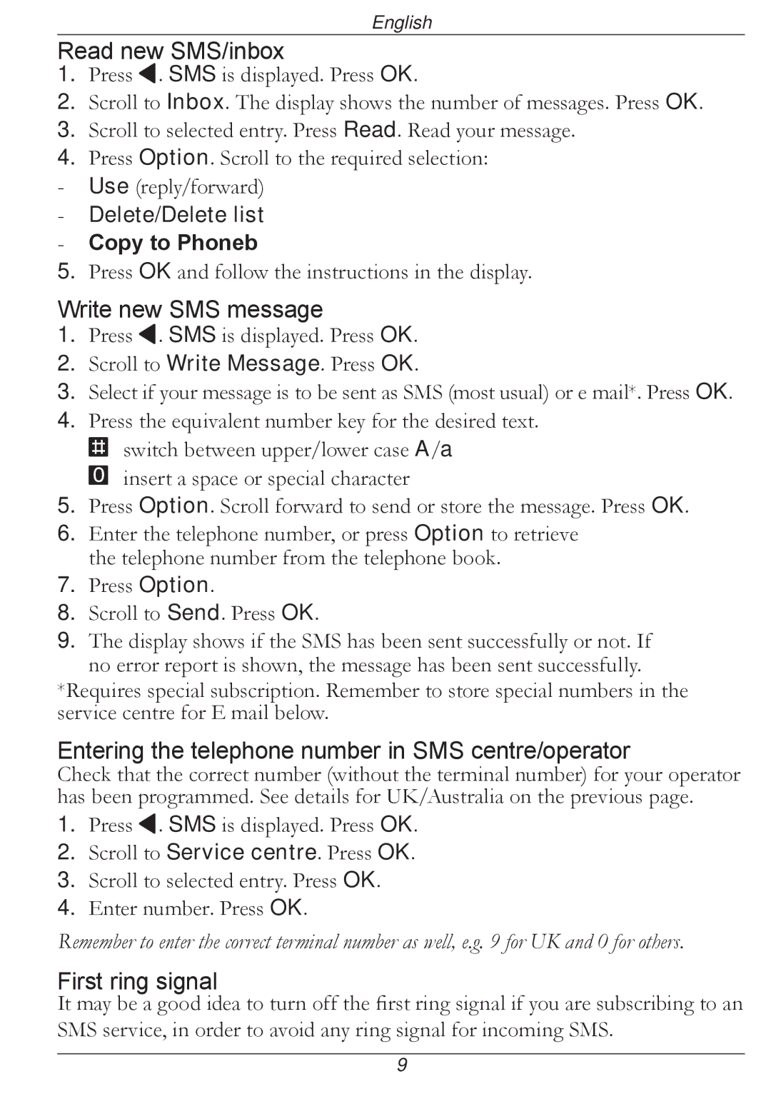 Doro 316 manual Read new SMS/inbox, Write new SMS message, Entering the telephone number in SMS centre/operator 