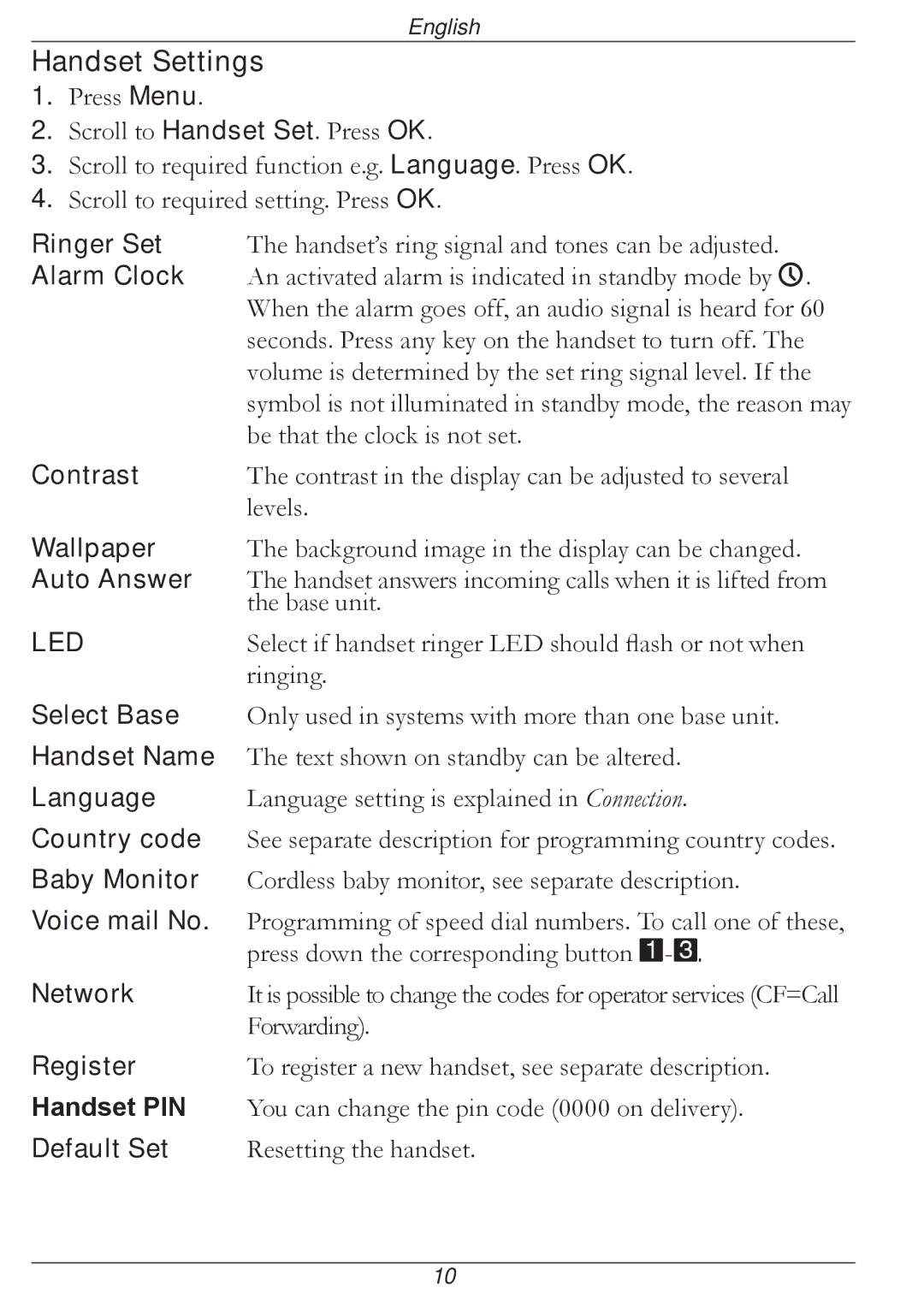 Doro 316 manual Handset Settings 