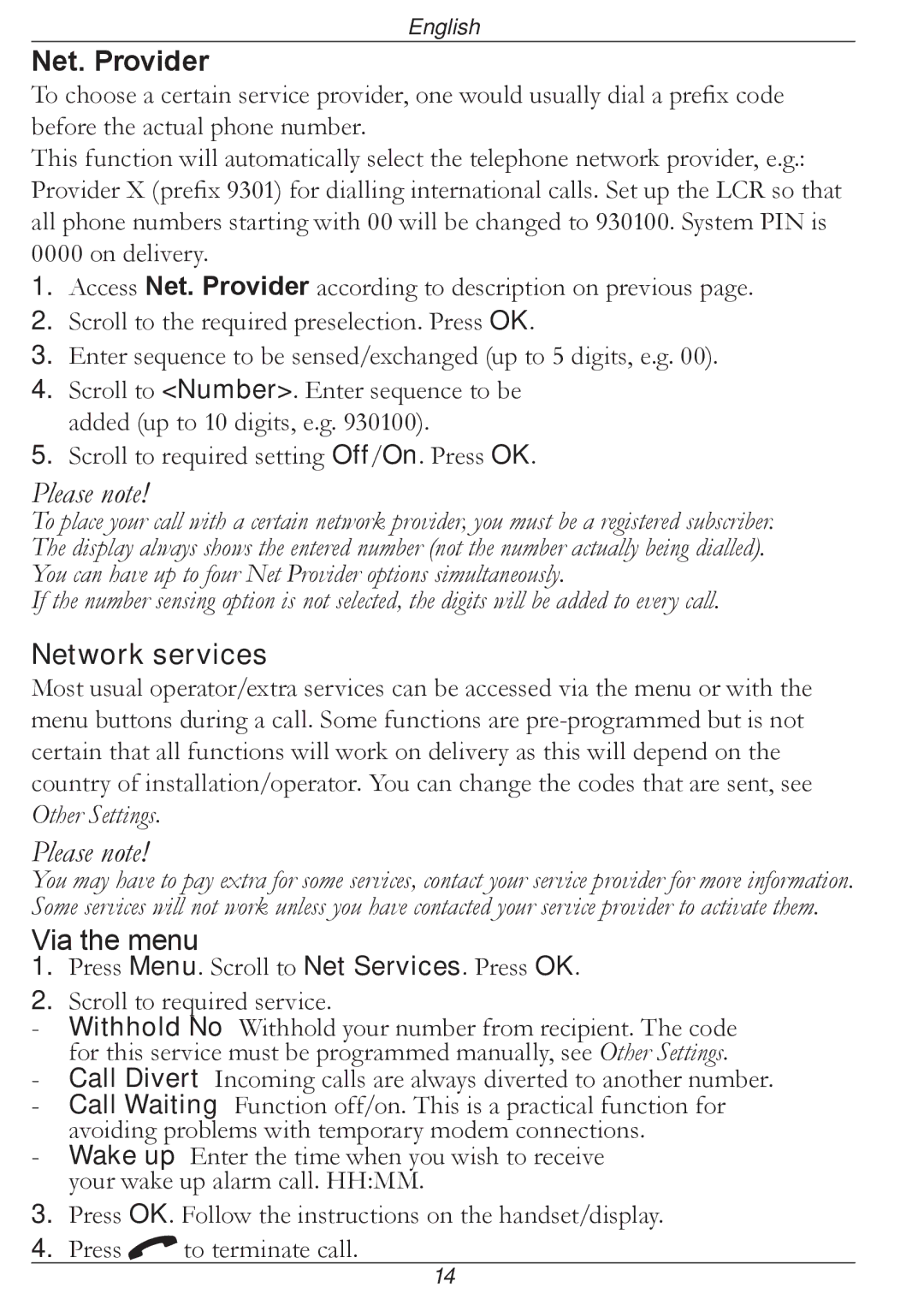 Doro 316 manual Net. Provider, Network services, Via the menu 