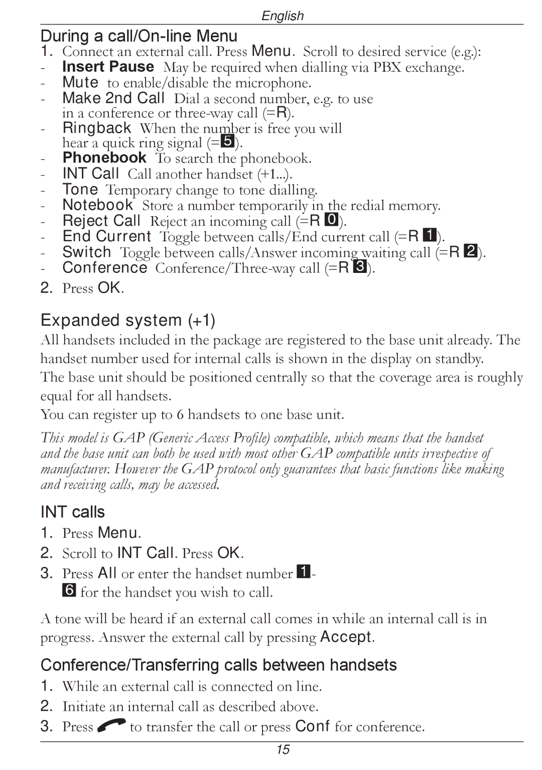 Doro 316 manual During a call/On-line Menu, Expanded system +1, INT calls, Conference/Transferring calls between handsets 