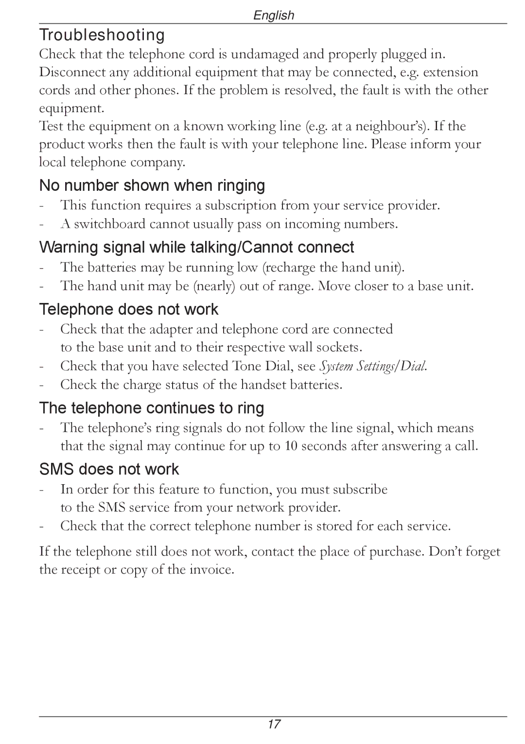 Doro 316 manual Troubleshooting, No number shown when ringing, Telephone does not work, Telephone continues to ring 