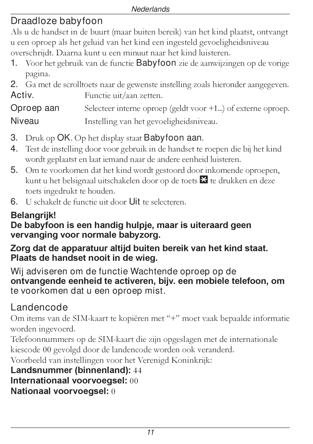 Doro 316 manual Draadloze babyfoon, Landencode, Niveau, Nationaal voorvoegsel 