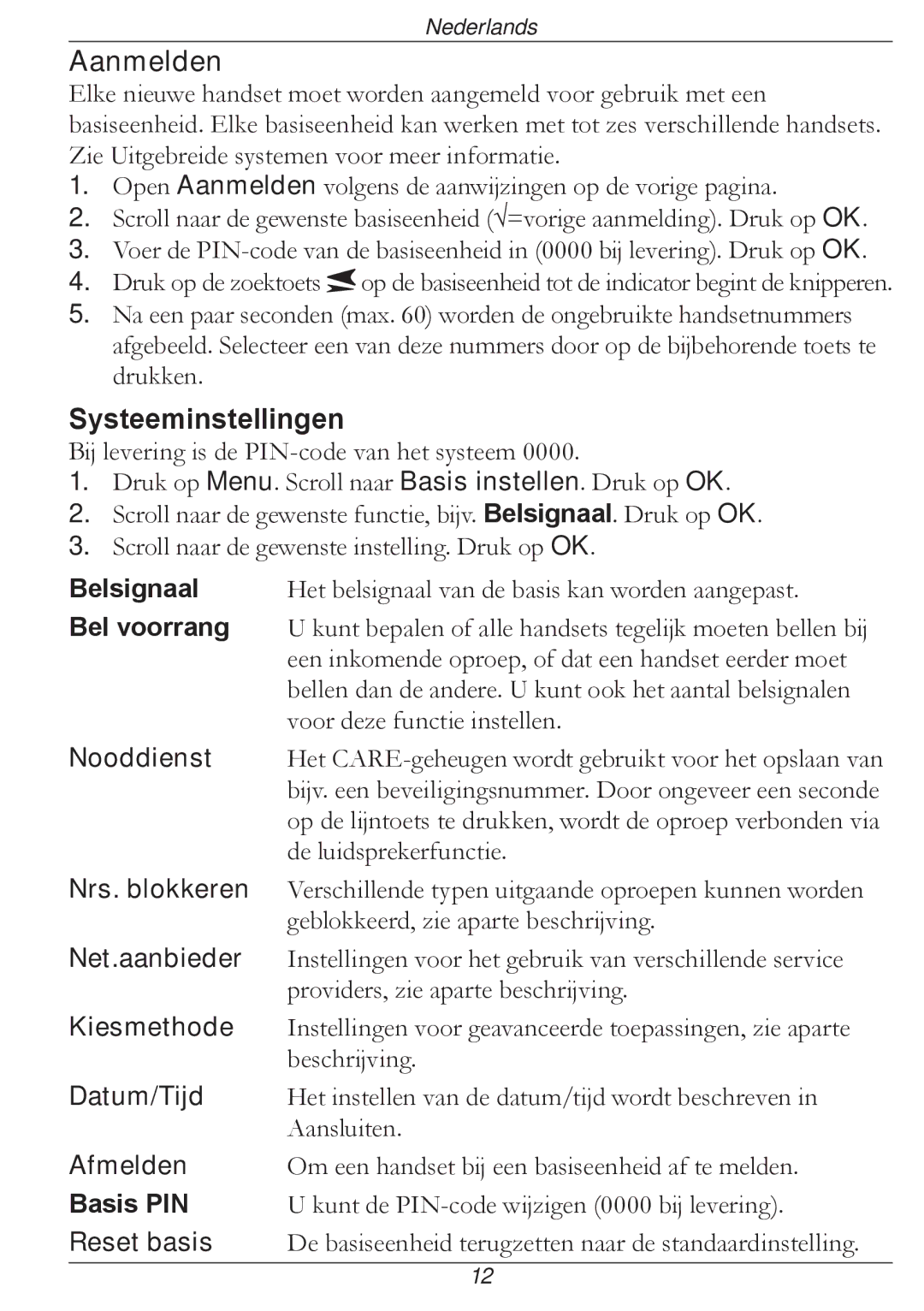 Doro 316 manual Aanmelden, Systeeminstellingen 