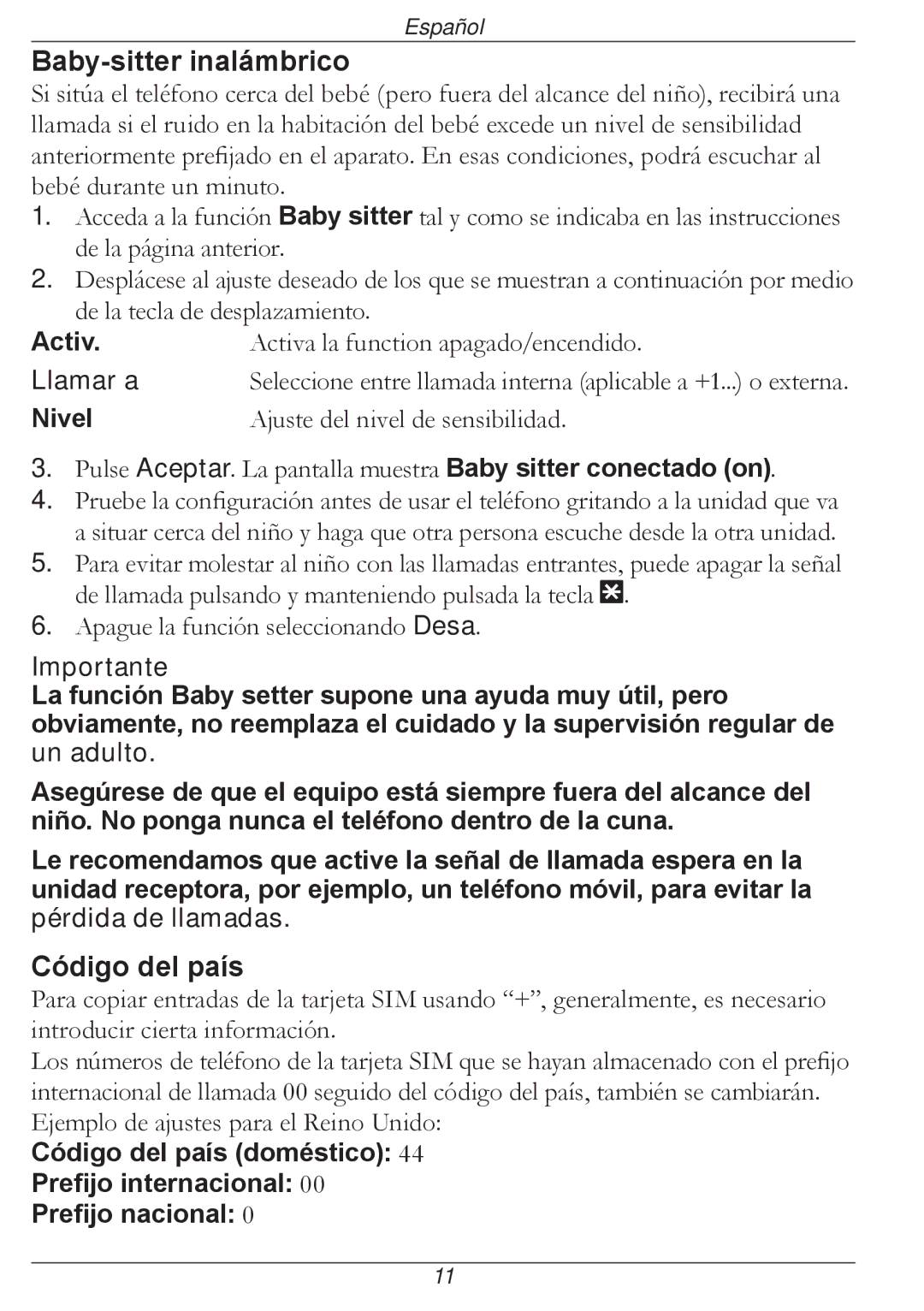 Doro 316 manual Baby-sitter inalámbrico, Código del país, Llamar a, Nivel 