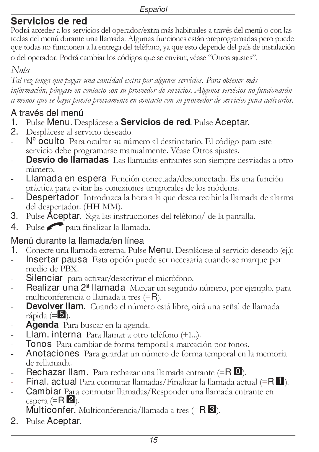 Doro 316 manual Servicios de red, Través del menú, Menú durante la llamada/en línea 