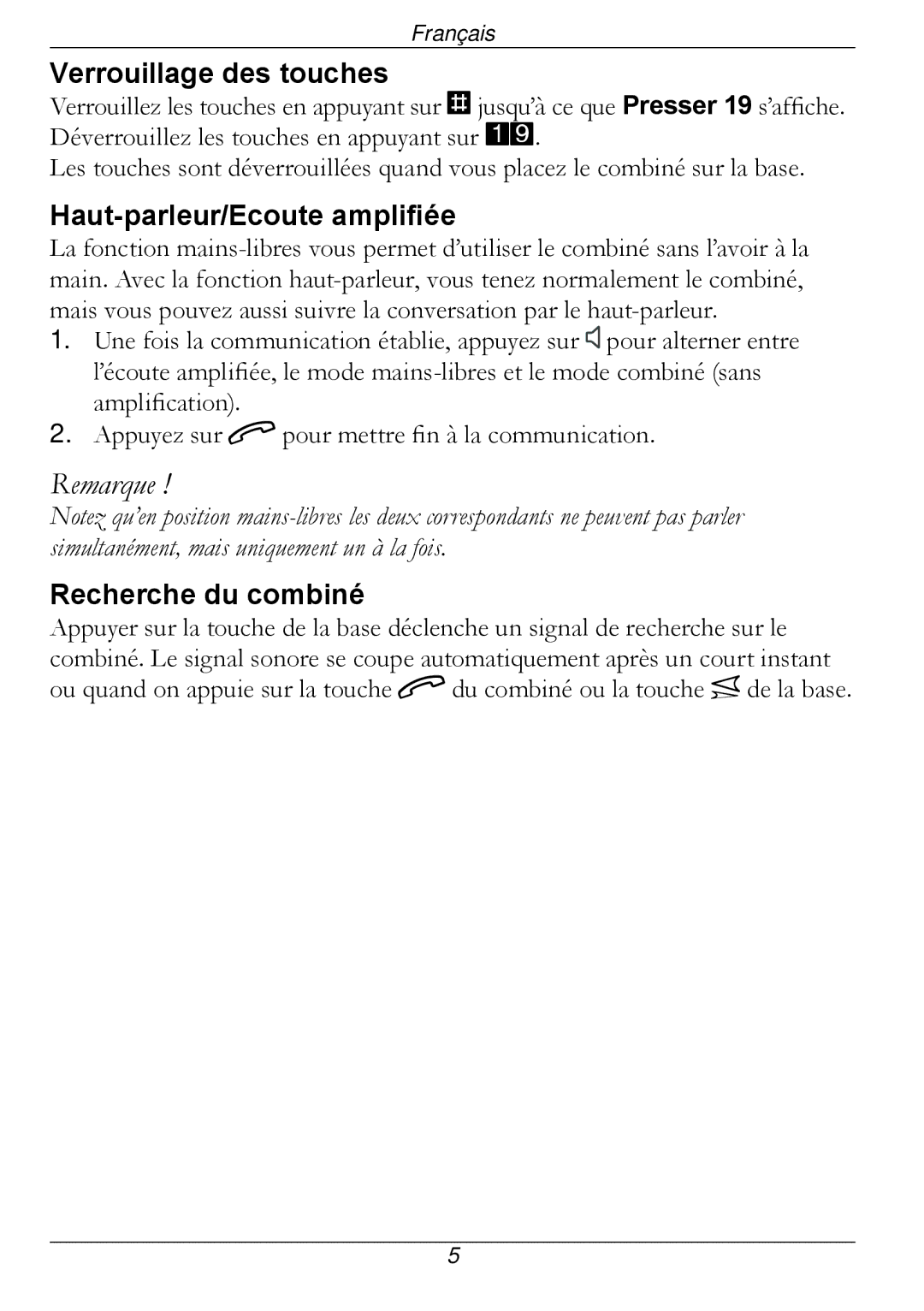 Doro 316 manual Verrouillage des touches, Haut-parleur/Ecoute amplifiée, Recherche du combiné 