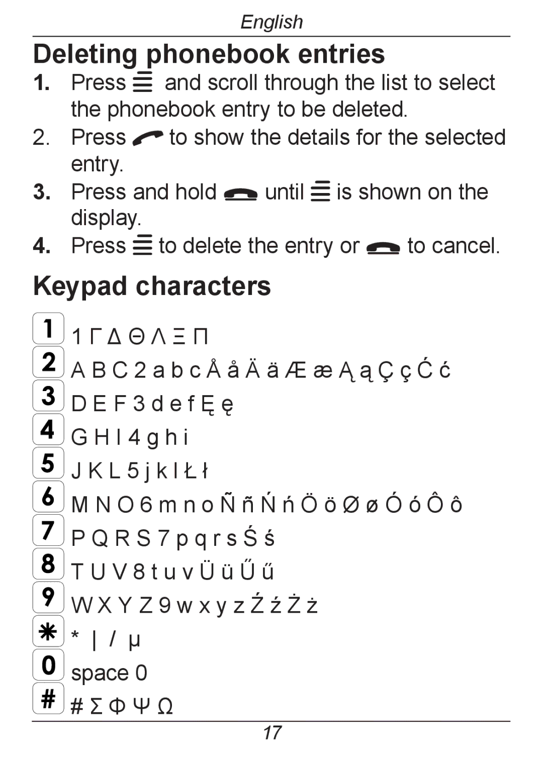 Doro 326I GSM manual Deleting phonebook entries, Keypad characters 