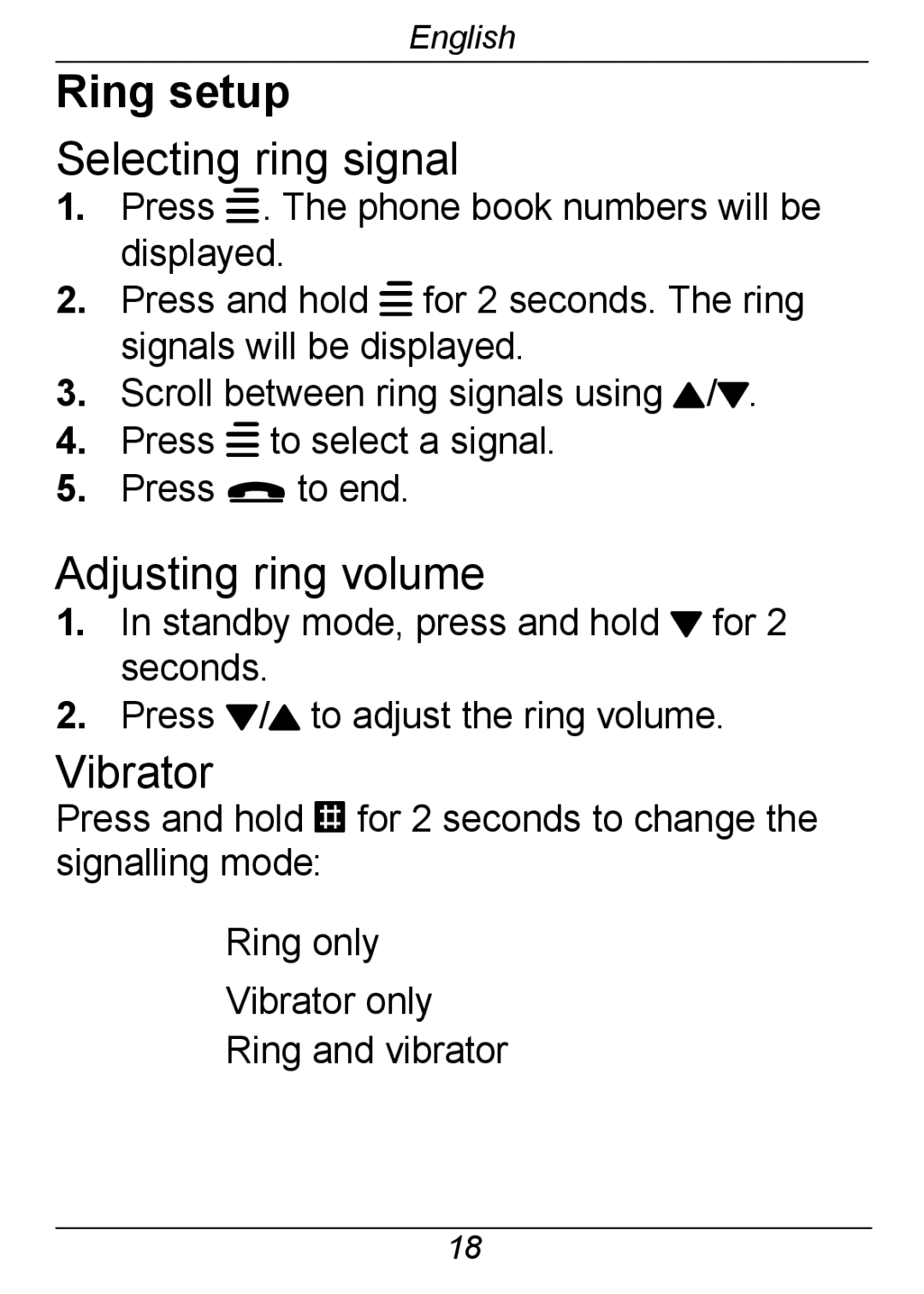 Doro 326I GSM manual Ring setup, Selecting ring signal, Adjusting ring volume, Vibrator 