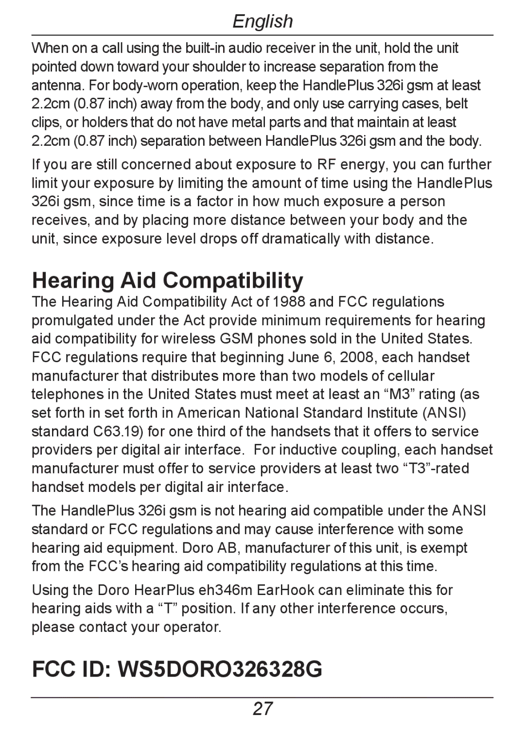 Doro 326I GSM manual Hearing Aid Compatibility 