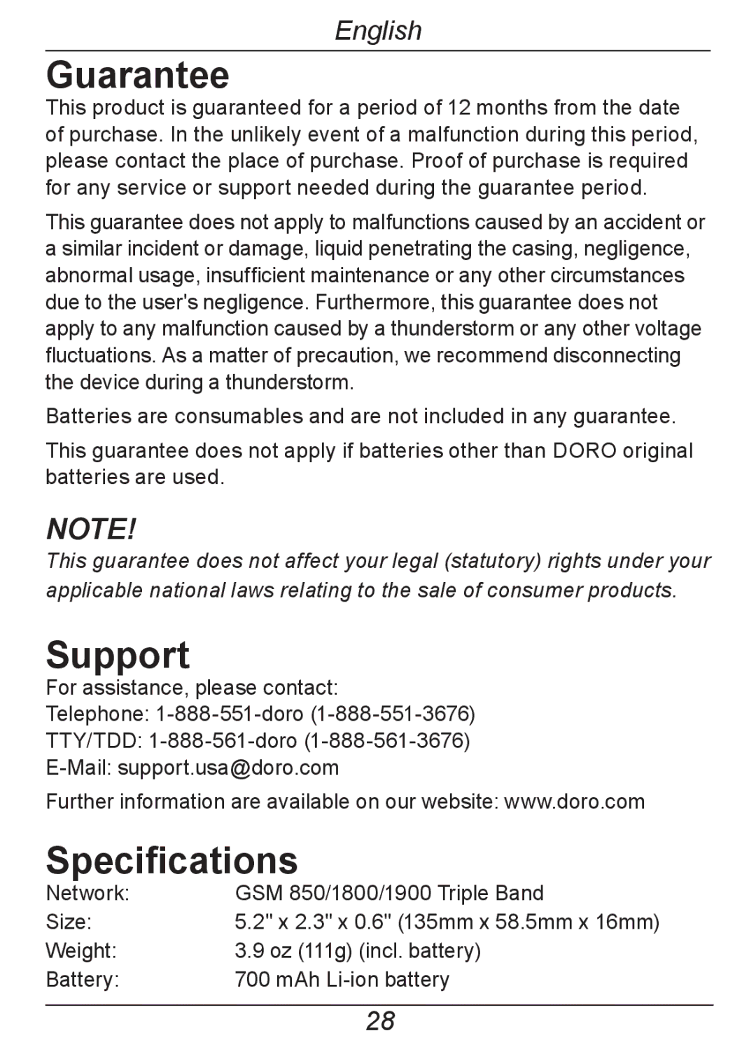 Doro 326I GSM manual Guarantee, Support, Specifications 