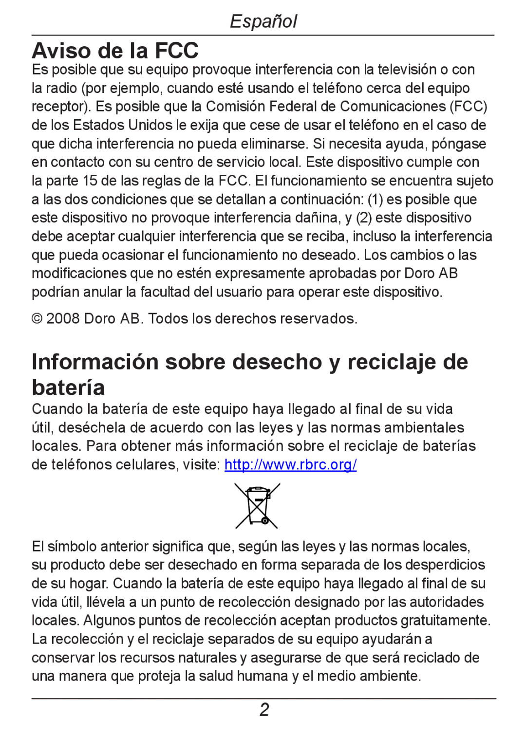 Doro 326I GSM manual Aviso de la FCC, Información sobre desecho y reciclaje de batería 