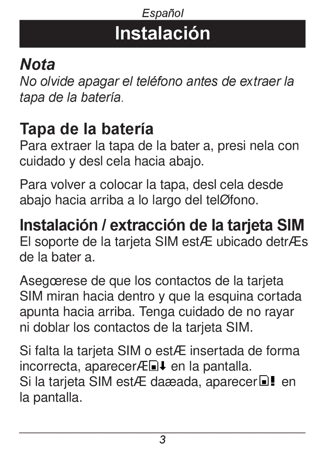 Doro 326I GSM manual Instalación, Tapa de la batería 