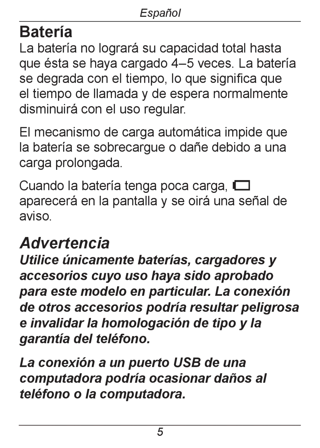 Doro 326I GSM manual Batería, Advertencia 