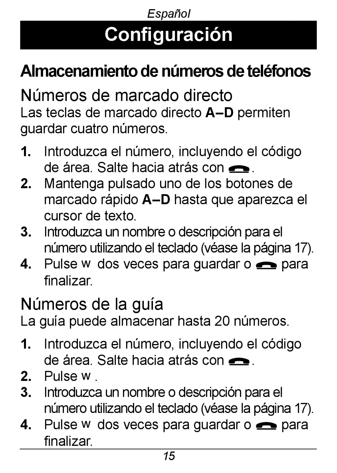 Doro 326I GSM manual Configuración, Números de marcado directo, Números de la guía 