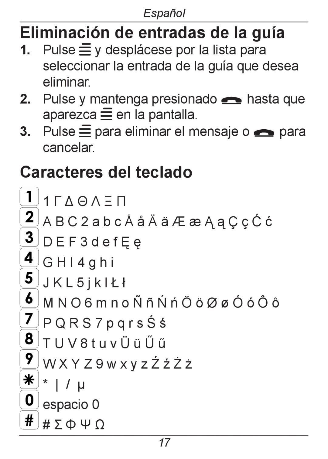 Doro 326I GSM manual Eliminación de entradas de la guía, Caracteres del teclado 