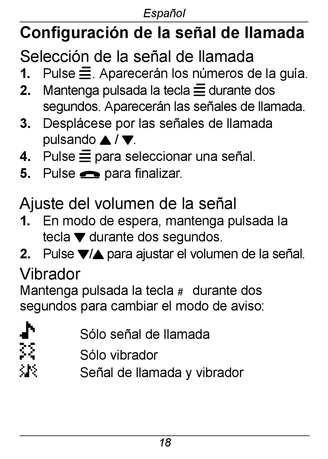 Doro 326I GSM manual Configuración de la señal de llamada, Selección de la señal de llamada, Ajuste del volumen de la señal 