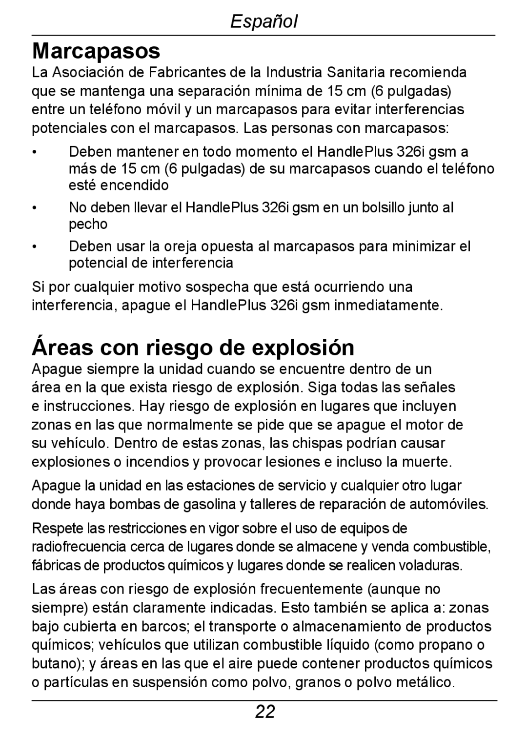 Doro 326I GSM manual Marcapasos, Áreas con riesgo de explosión 