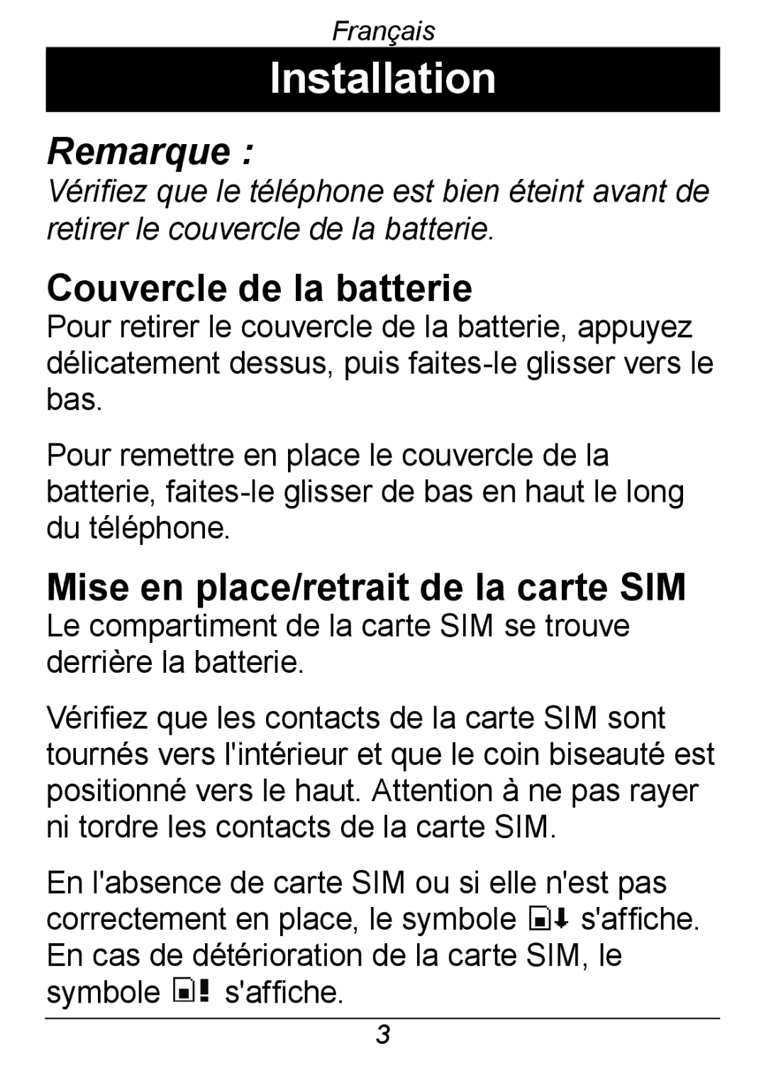 Doro 326I GSM manual Couvercle de la batterie, Mise en place/retrait de la carte SIM 