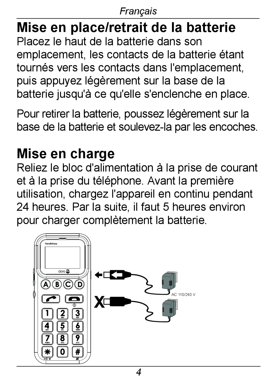 Doro 326I GSM manual Mise en place/retrait de la batterie, Mise en charge 