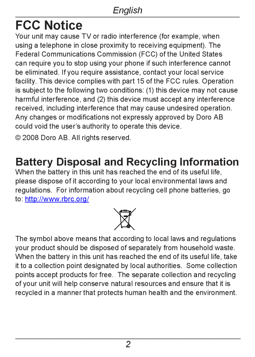 Doro 326I GSM manual FCC Notice, Battery Disposal and Recycling Information 