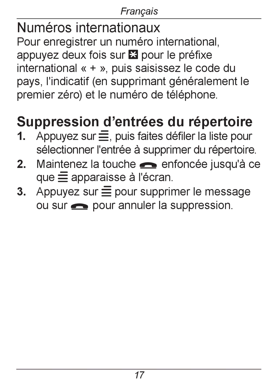 Doro 326I GSM manual Numéros internationaux, Suppression d’entrées du répertoire 