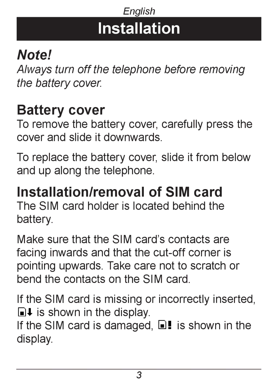 Doro 326I GSM manual Battery cover, Installation/removal of SIM card 