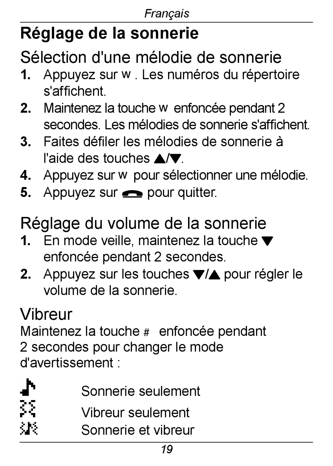 Doro 326I GSM manual Réglage de la sonnerie, Sélection dune mélodie de sonnerie, Réglage du volume de la sonnerie, Vibreur 