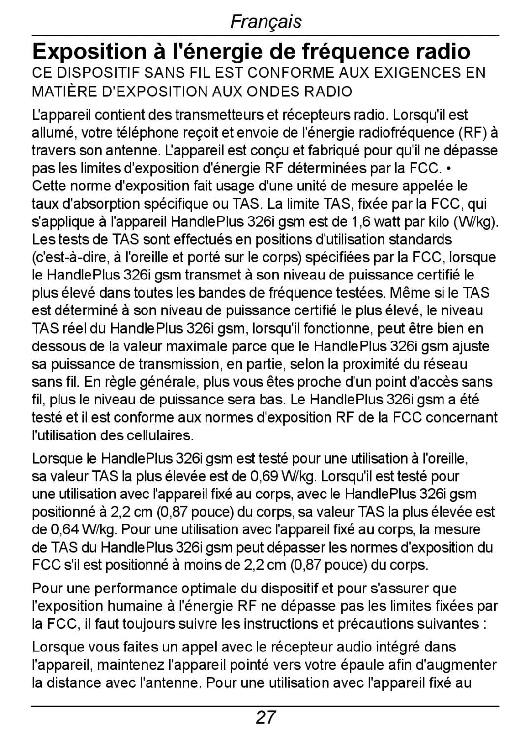 Doro 326I GSM manual Exposition à lénergie de fréquence radio 