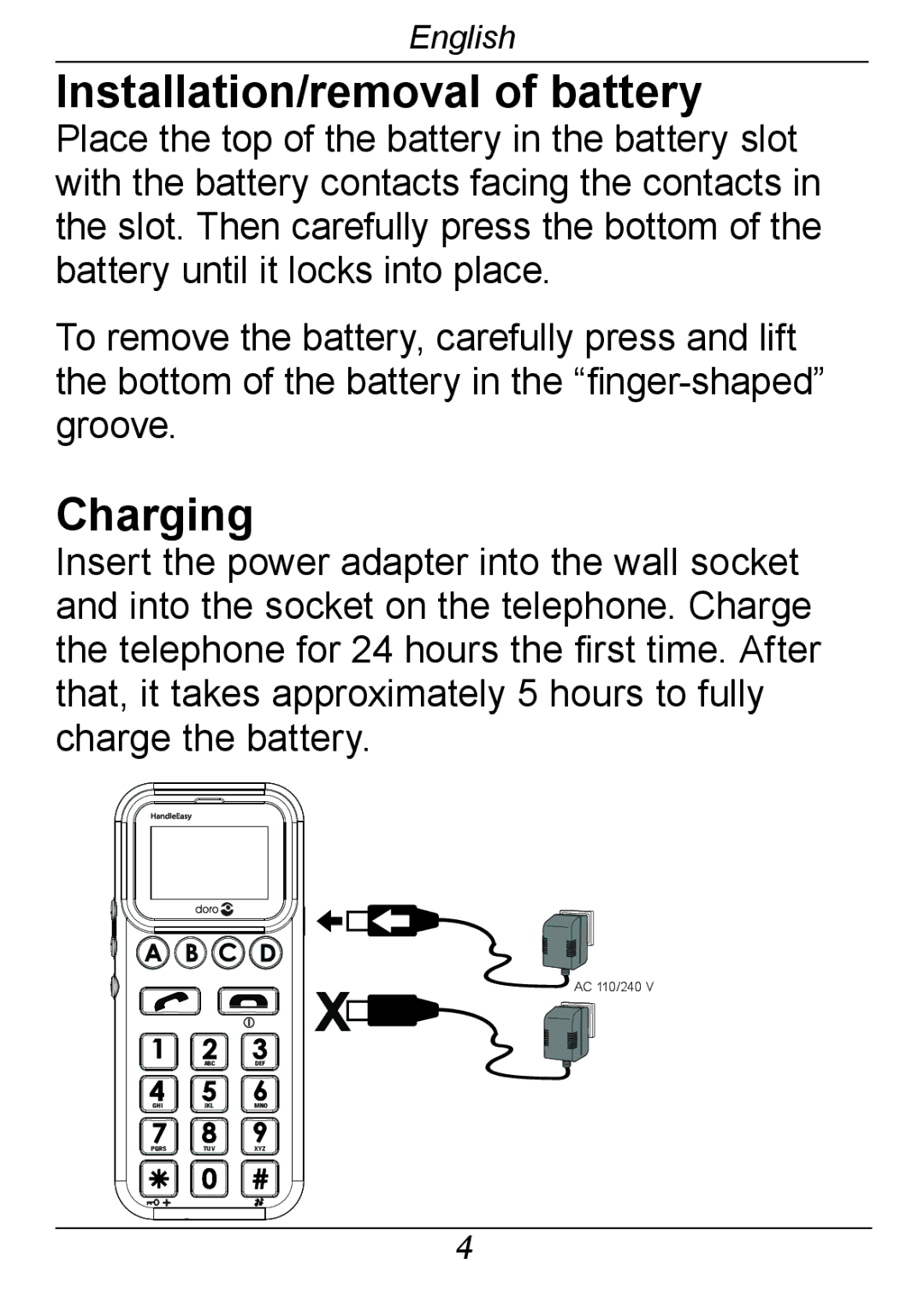 Doro 326I GSM manual Installation/removal of battery, Charging 