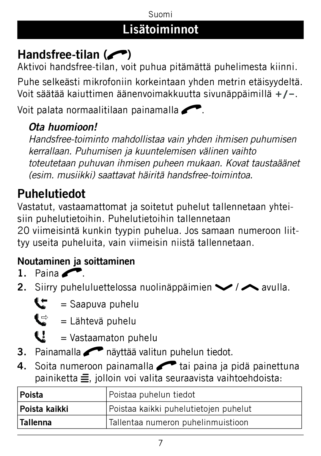 Doro 338GSM manual Lisätoiminnot, Handsfree-tilan q 