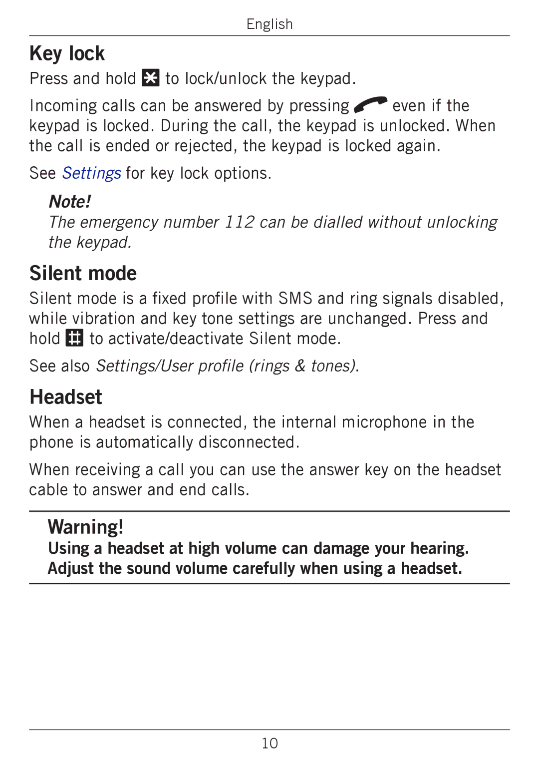 Doro 338GSM manual Key lock, Silent mode, Headset 