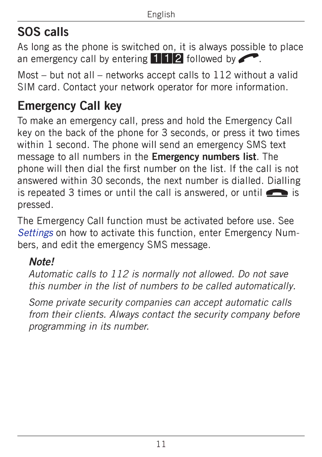 Doro 338GSM manual SOS calls, Emergency Call key 