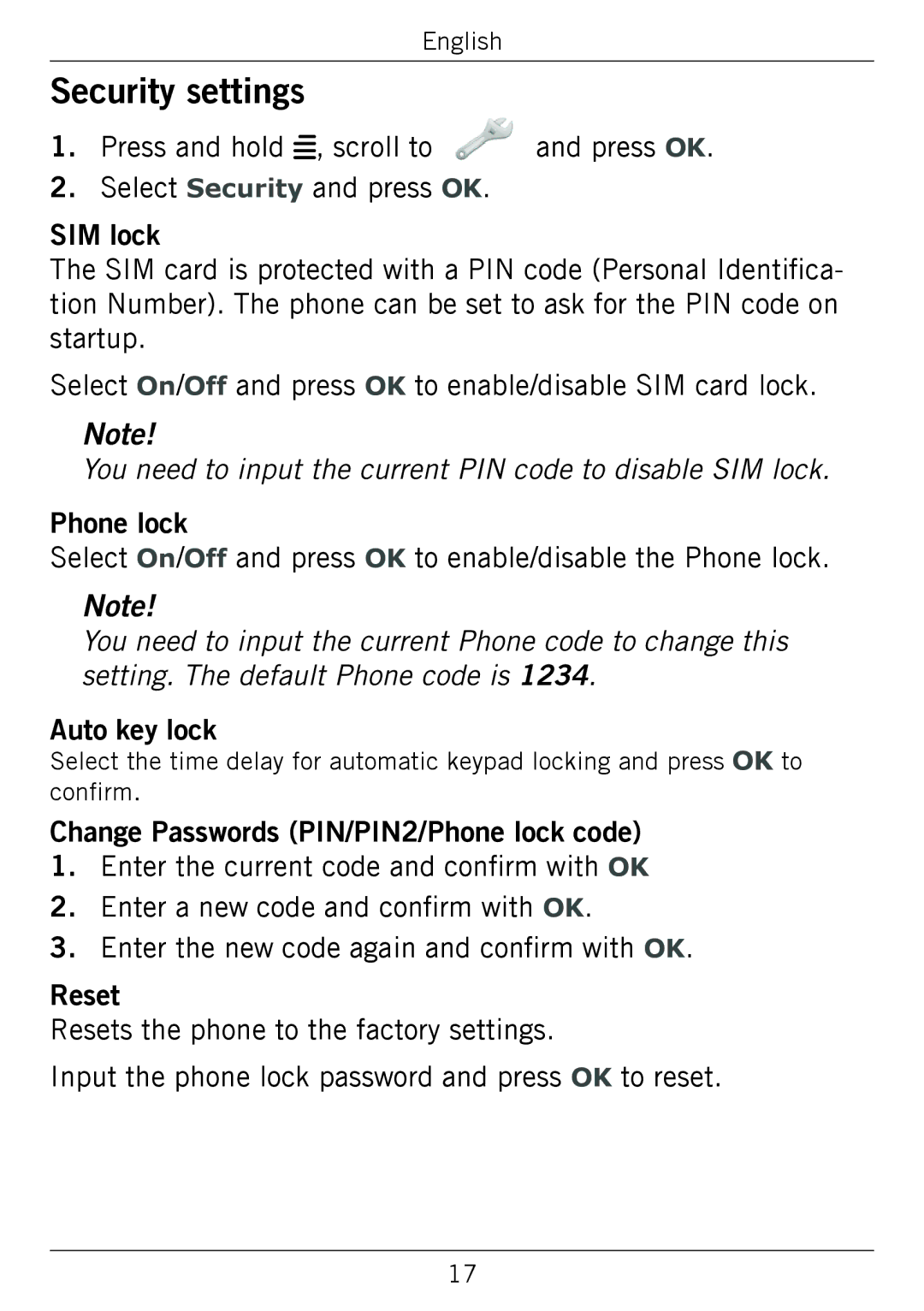 Doro 338GSM manual Security settings 