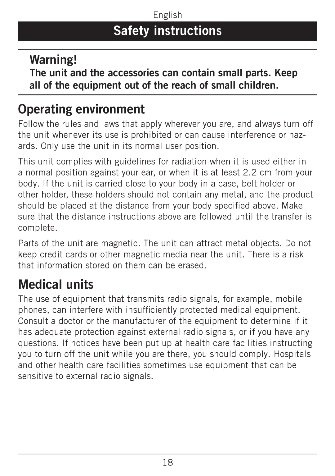 Doro 338GSM manual Safety instructions, Operating environment, Medical units 