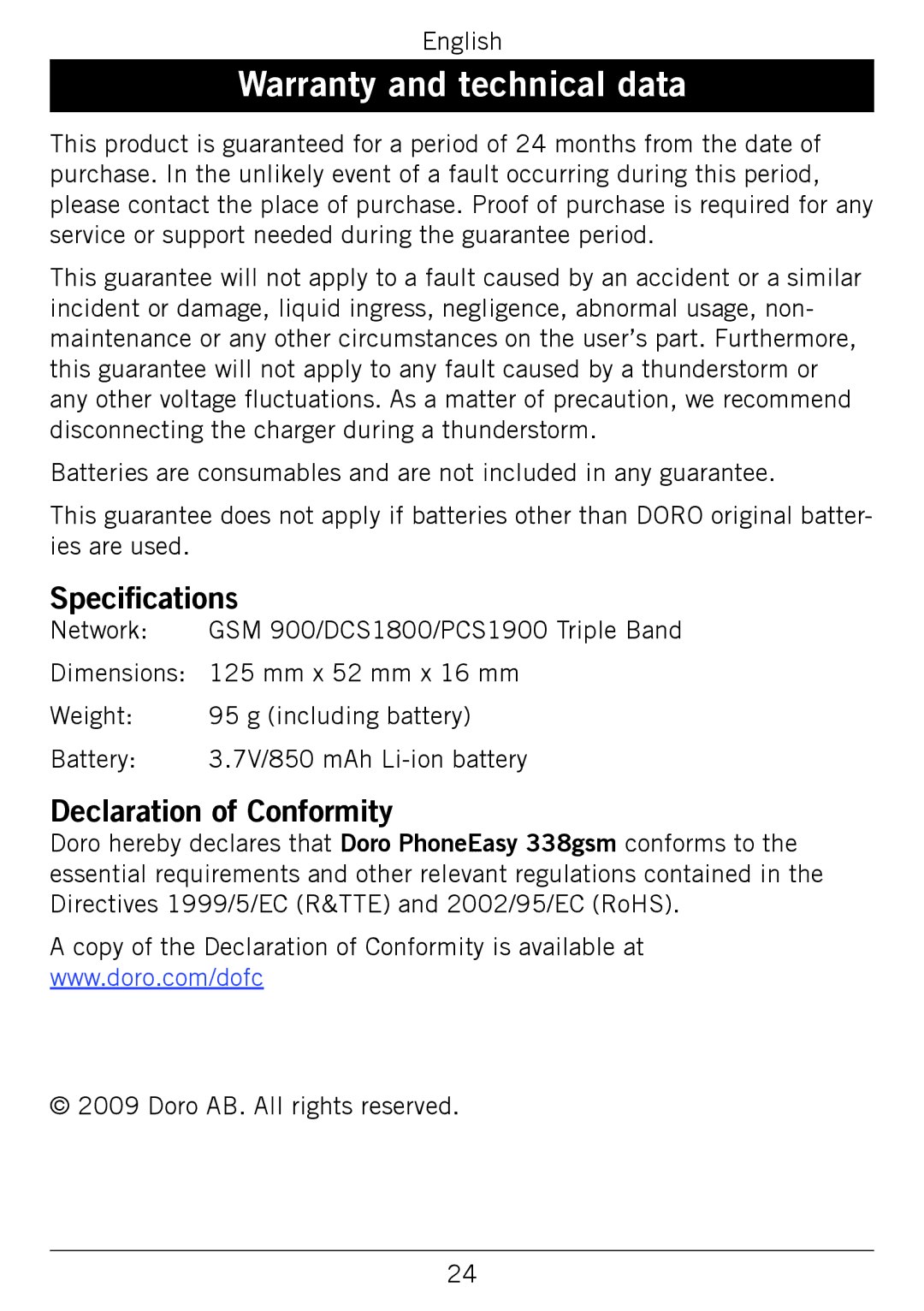 Doro 338GSM manual Warranty and technical data, Speciﬁcations, Declaration of Conformity 