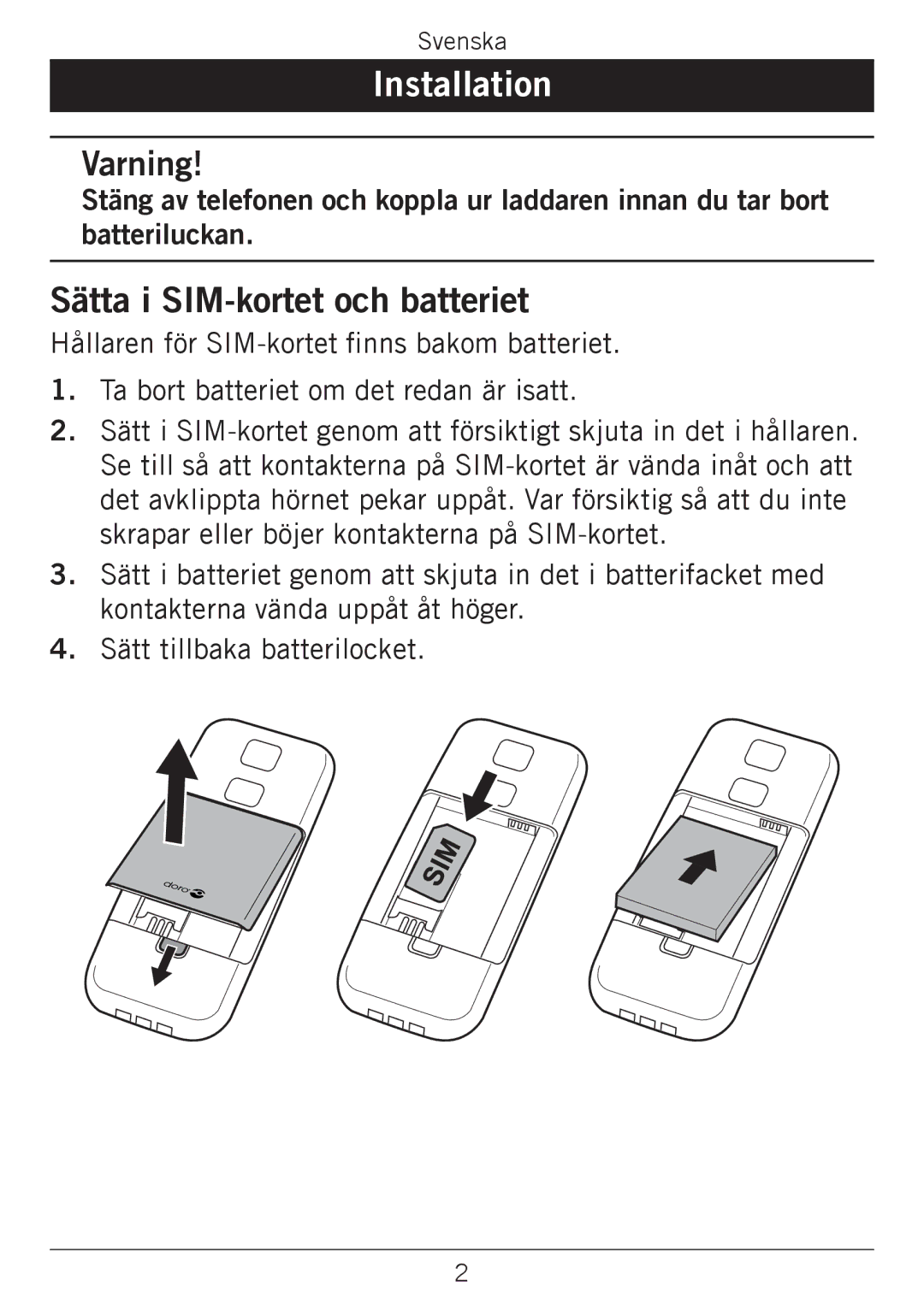 Doro 338GSM manual Varning, Sätta i SIM-kortet och batteriet 