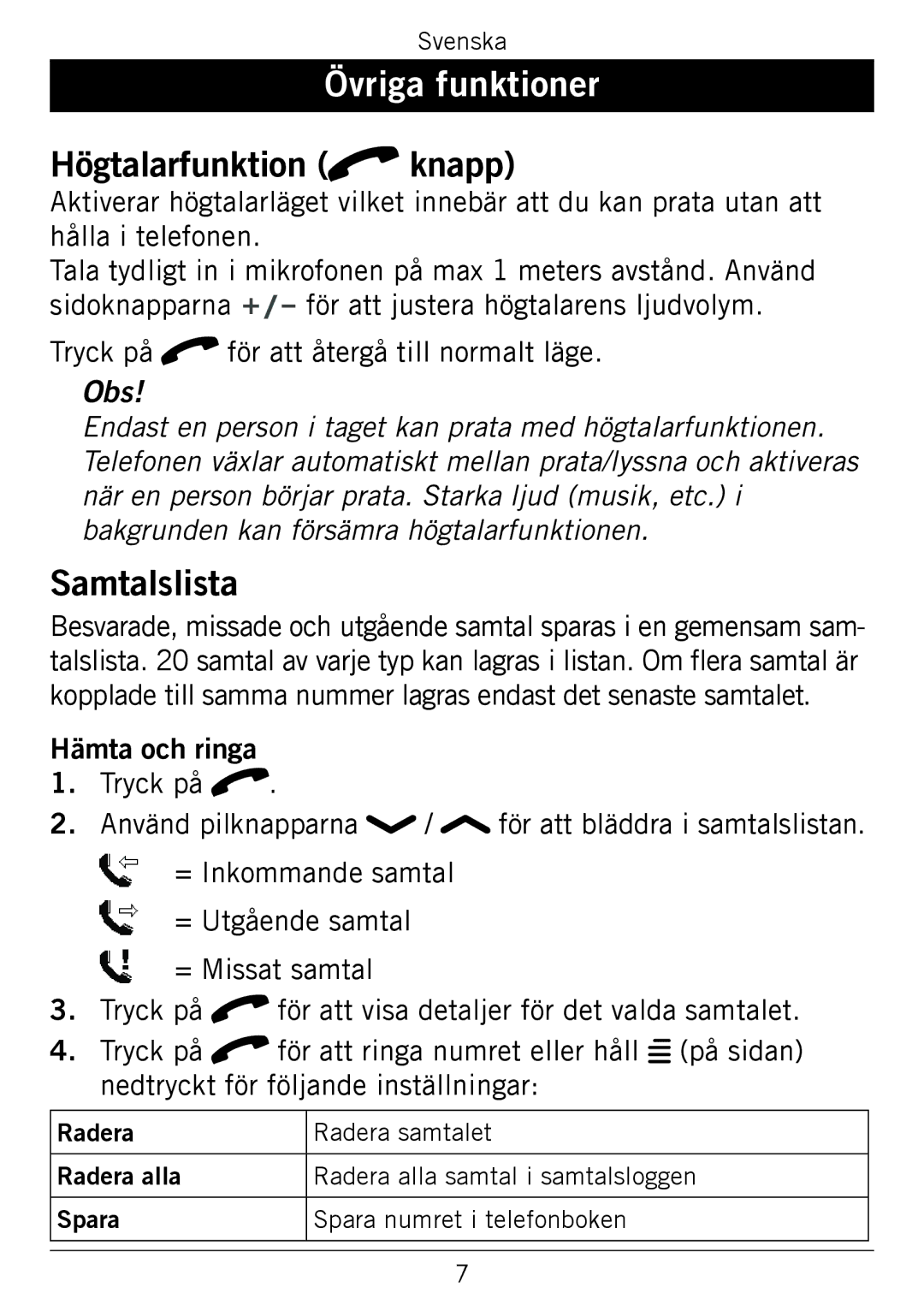 Doro 338GSM manual Övriga funktioner, Högtalarfunktion qknapp, Samtalslista 