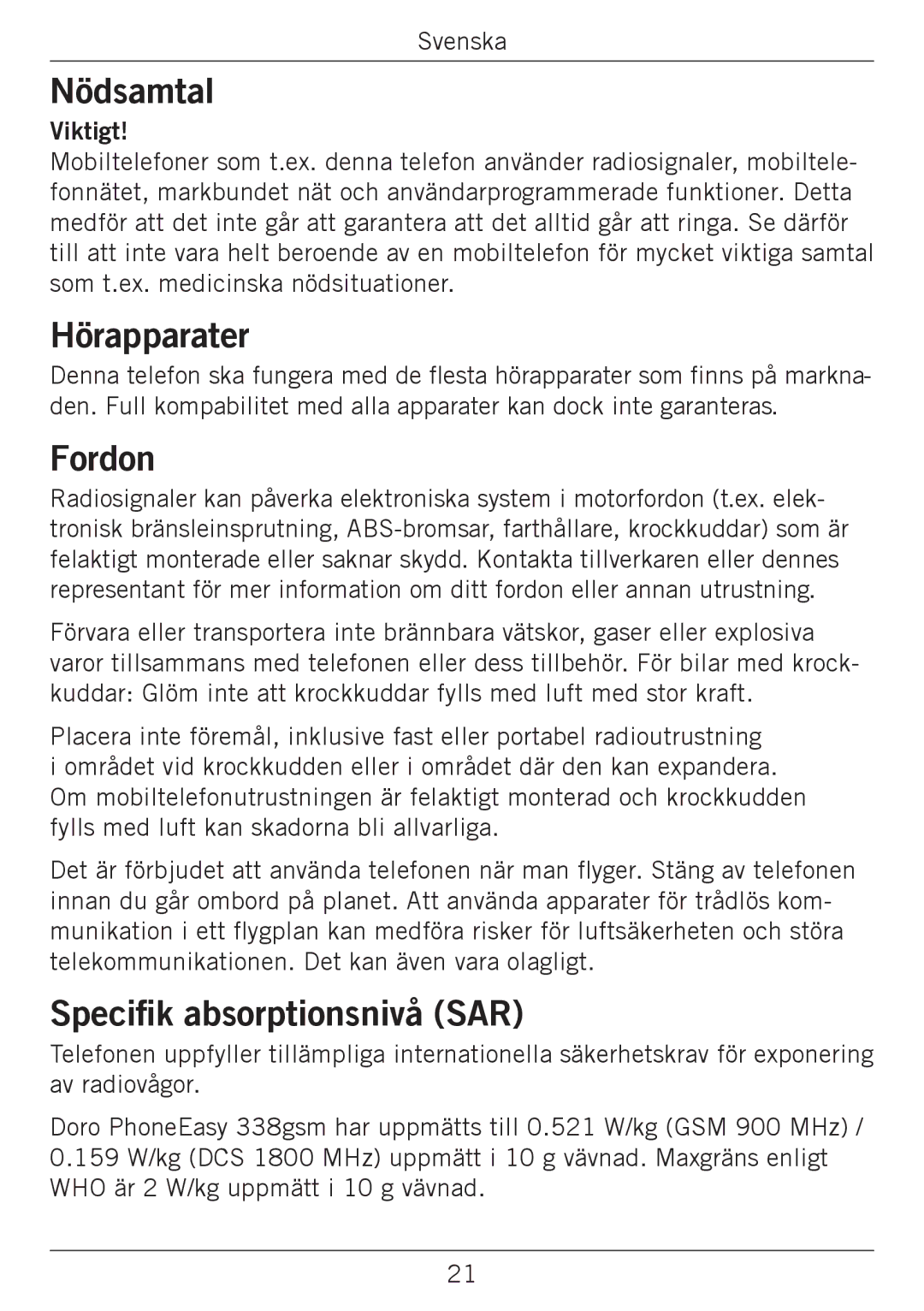 Doro 338GSM manual Hörapparater, Fordon, Speciﬁk absorptionsnivå SAR 