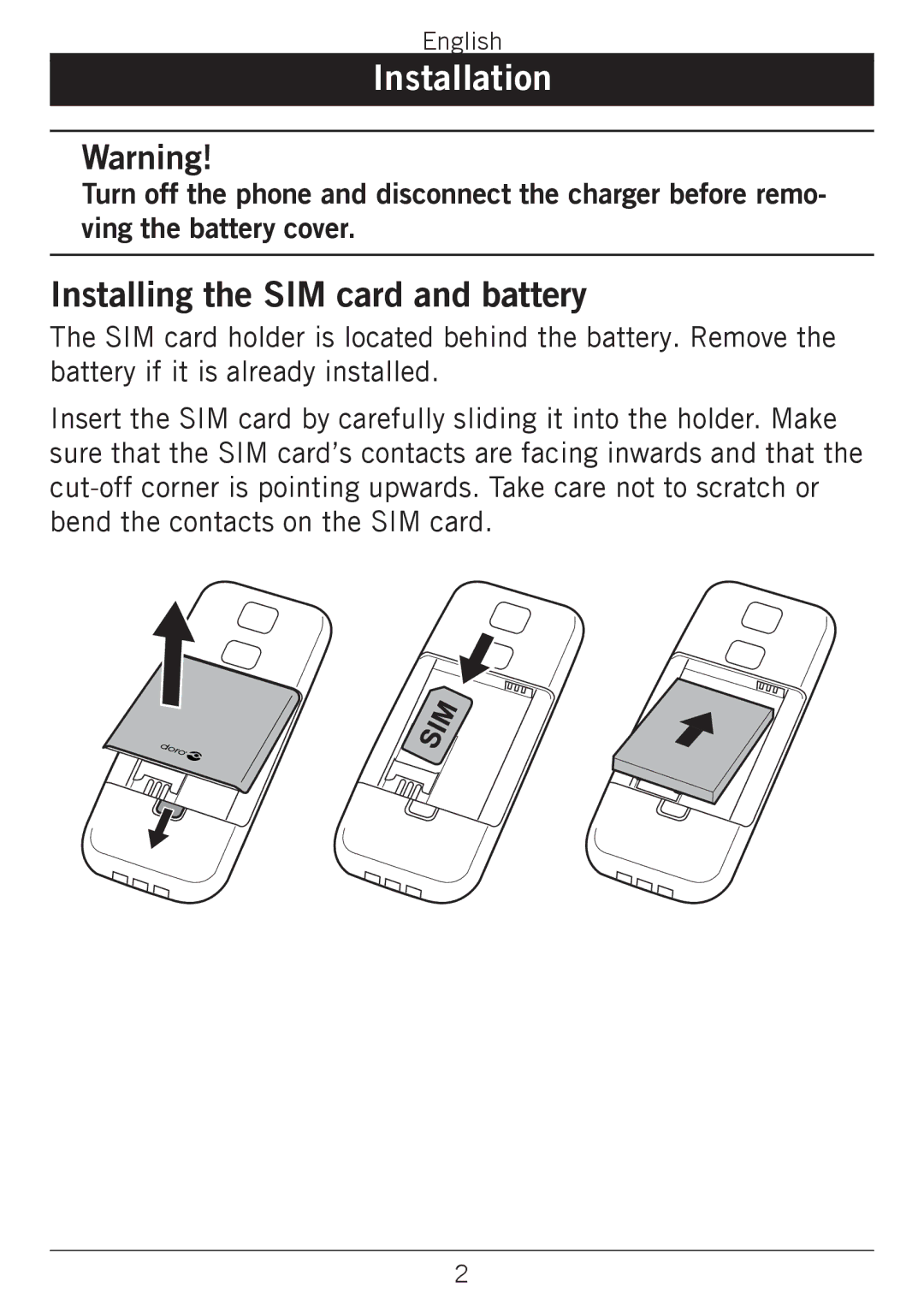 Doro 338GSM manual Installation, Installing the SIM card and battery 