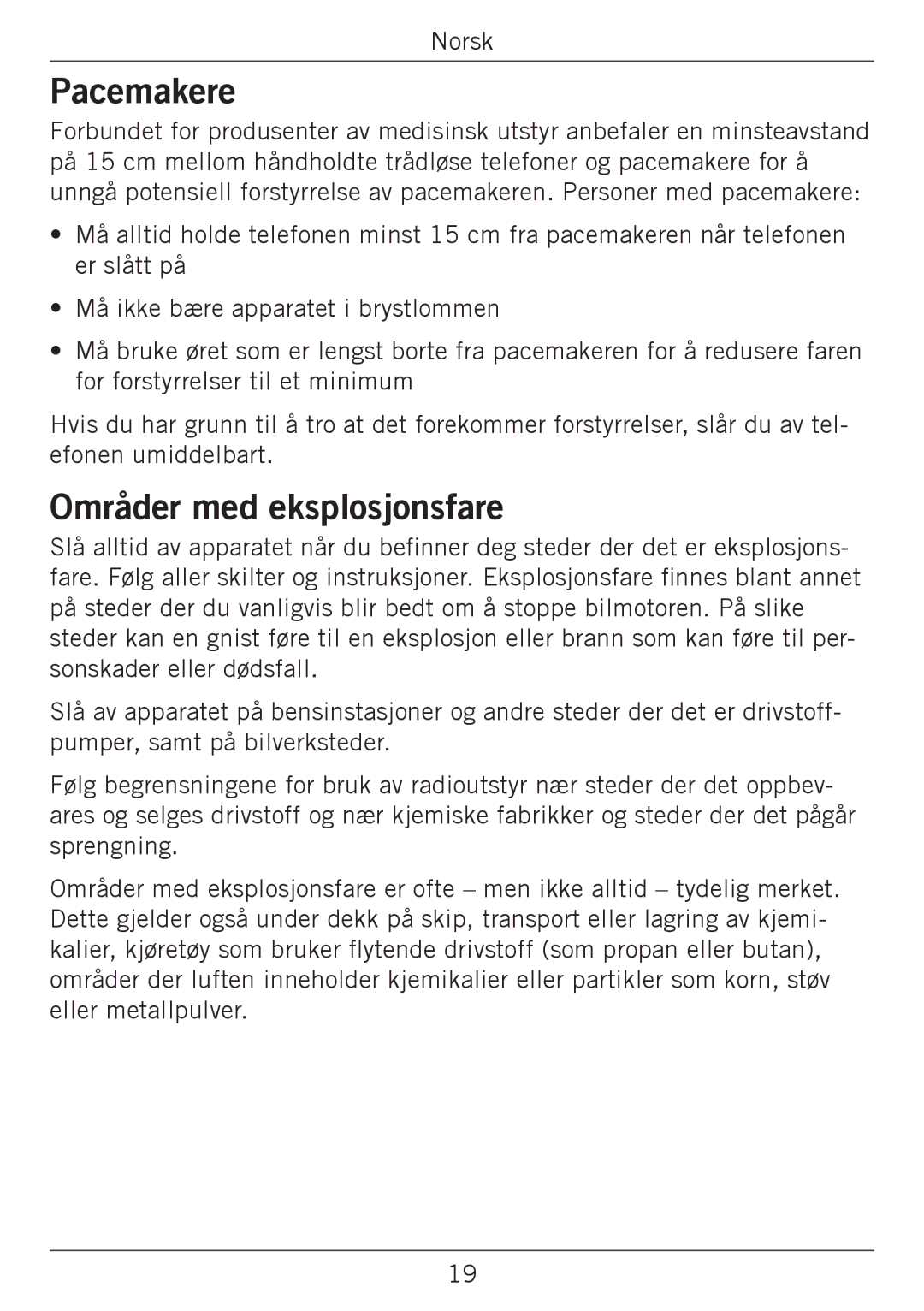 Doro 338GSM manual Pacemakere, Områder med eksplosjonsfare 