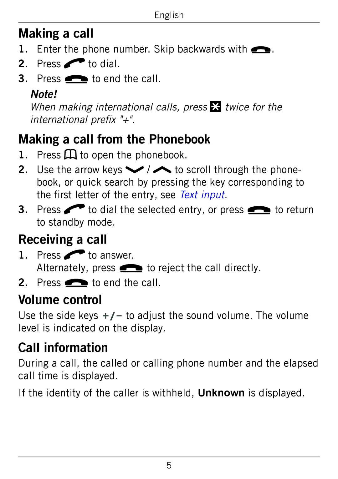 Doro 338GSM manual Making a call from the Phonebook, Receiving a call, Volume control, Call information 