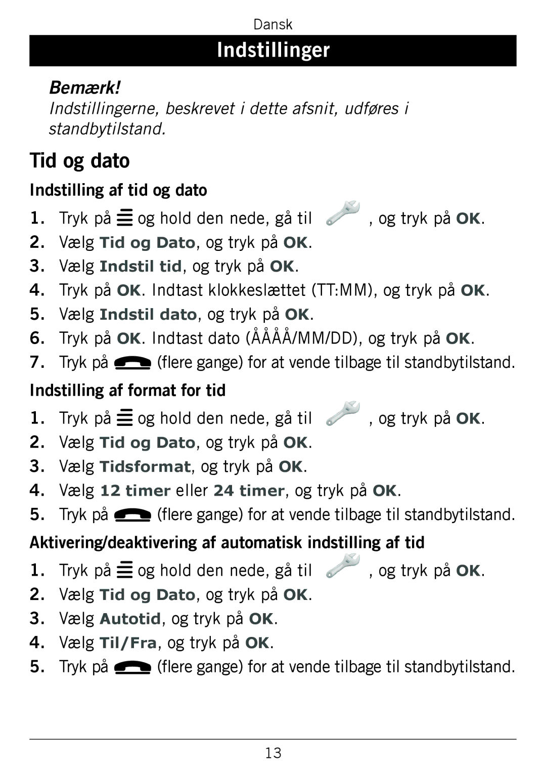 Doro 338GSM manual Indstillinger, Tid og dato 