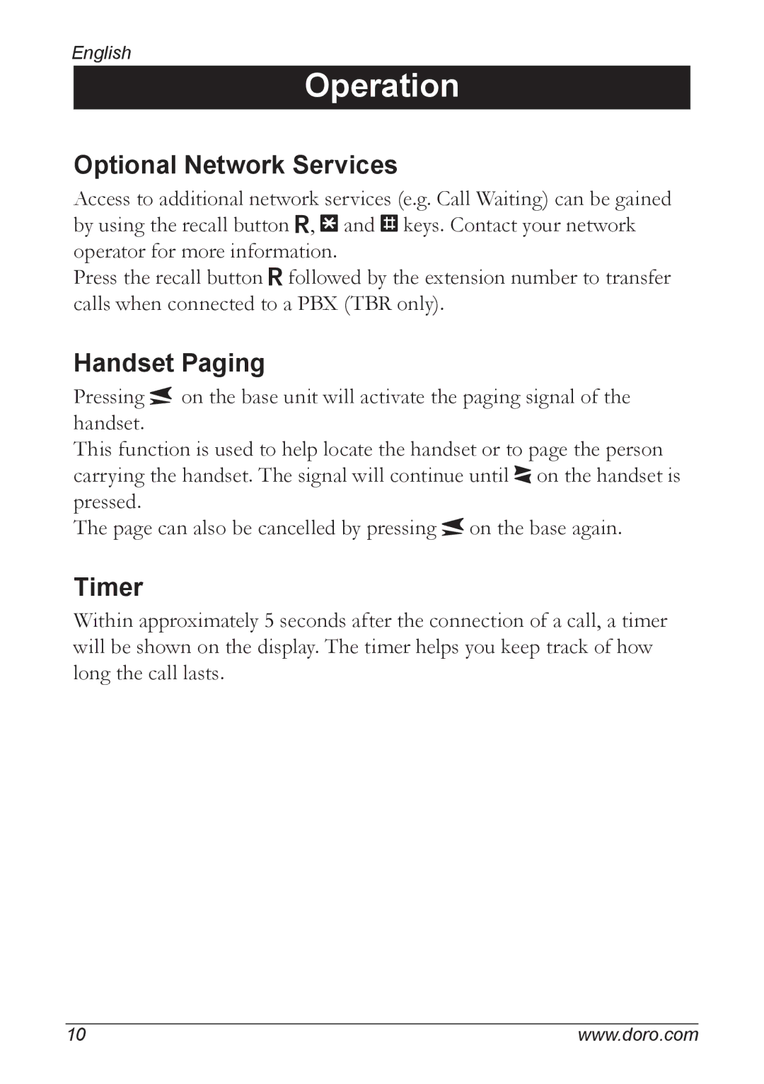 Doro 5055 manual Optional Network Services, Handset Paging, Timer 