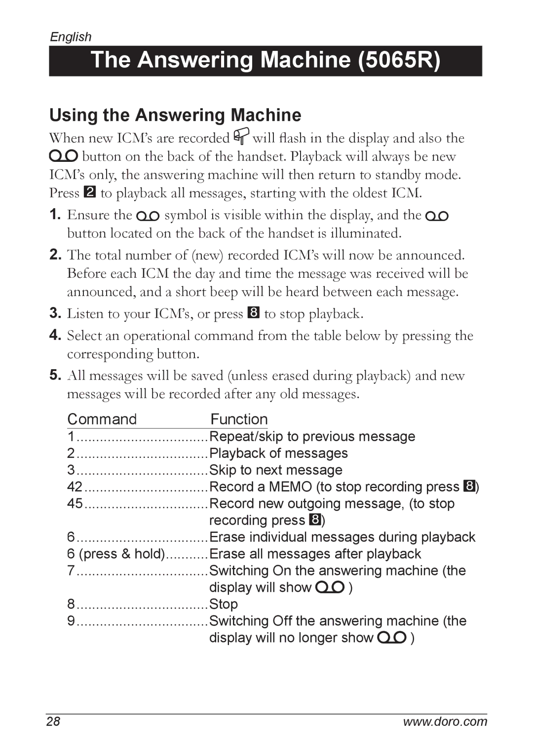 Doro 5055 manual Using the Answering Machine, Command Function 