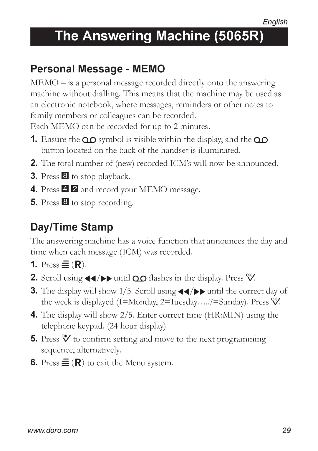 Doro 5055 manual Personal Message Memo, Day/Time Stamp 