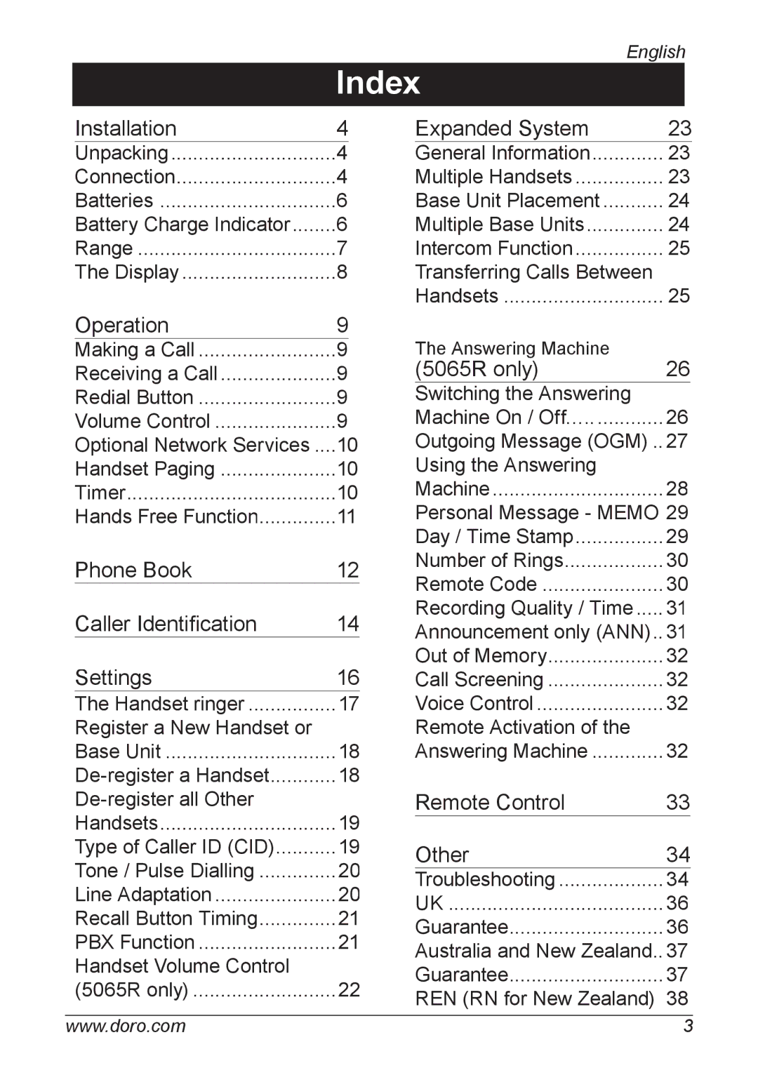 Doro 5055 manual Index, Operation 