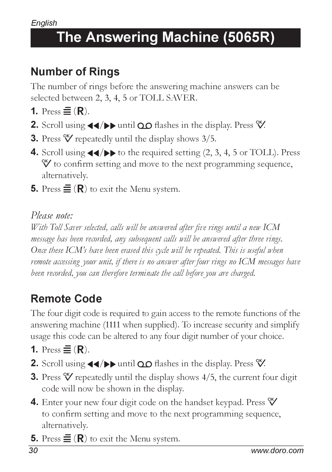 Doro 5055 manual Number of Rings, Remote Code 