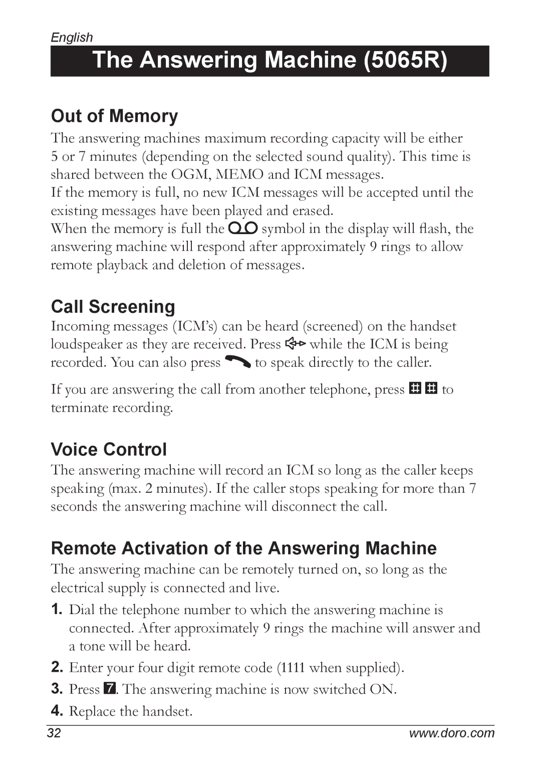 Doro 5055 manual Out of Memory, Call Screening, Voice Control, Remote Activation of the Answering Machine 