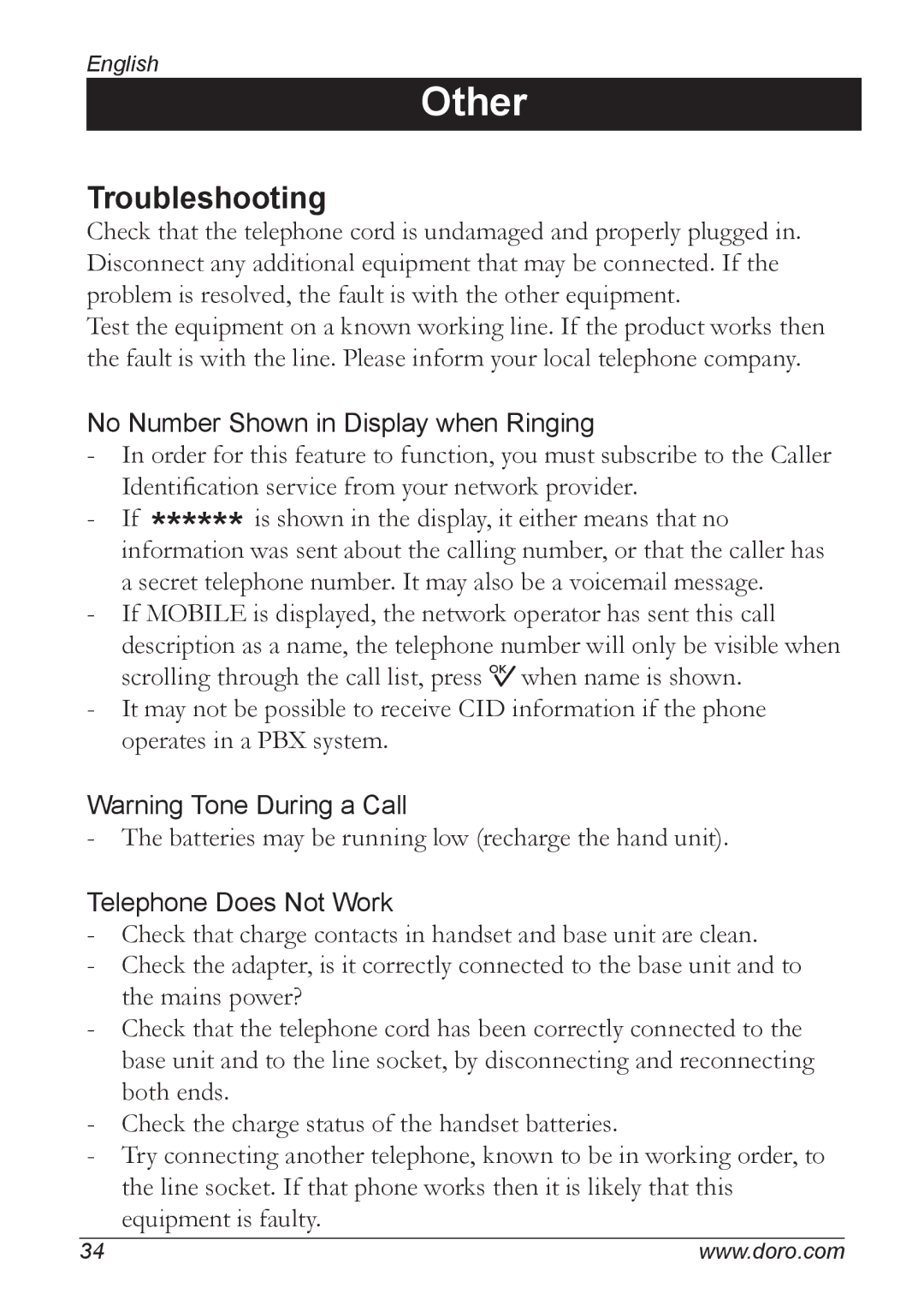 Doro 5055 manual Other, Troubleshooting 