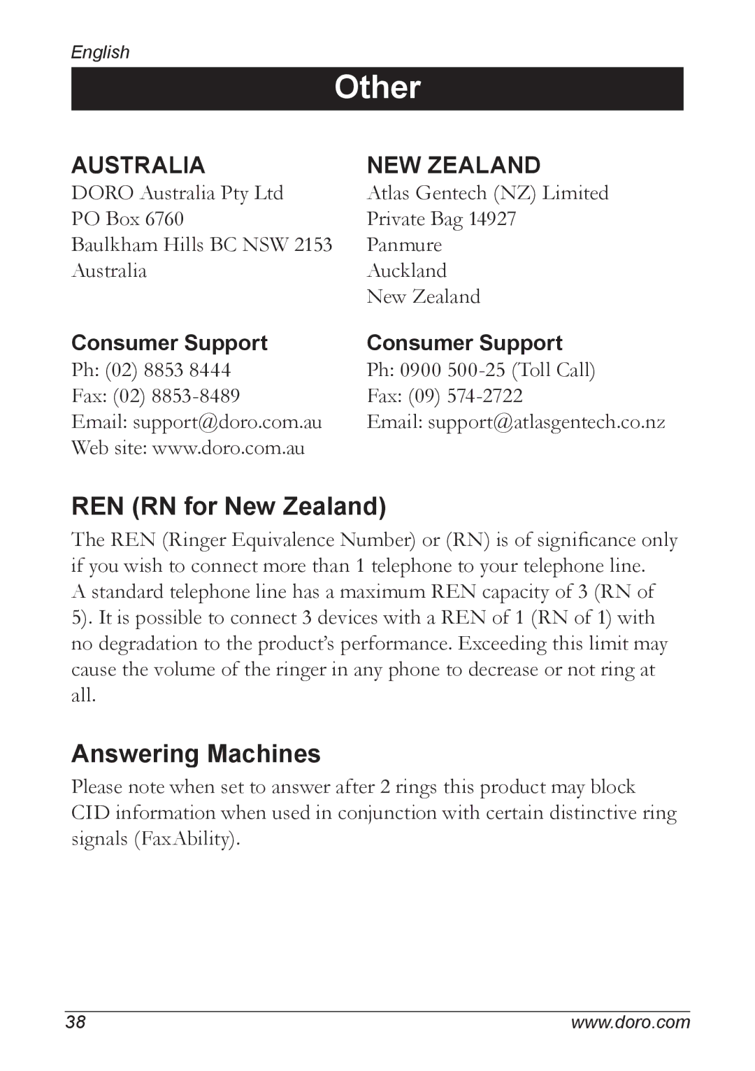 Doro 5055 manual REN RN for New Zealand, Answering Machines 